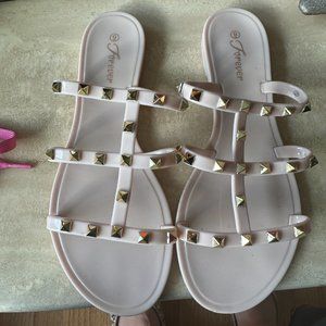 Tan/Cream Rock Stud Strappy Flat Sandles